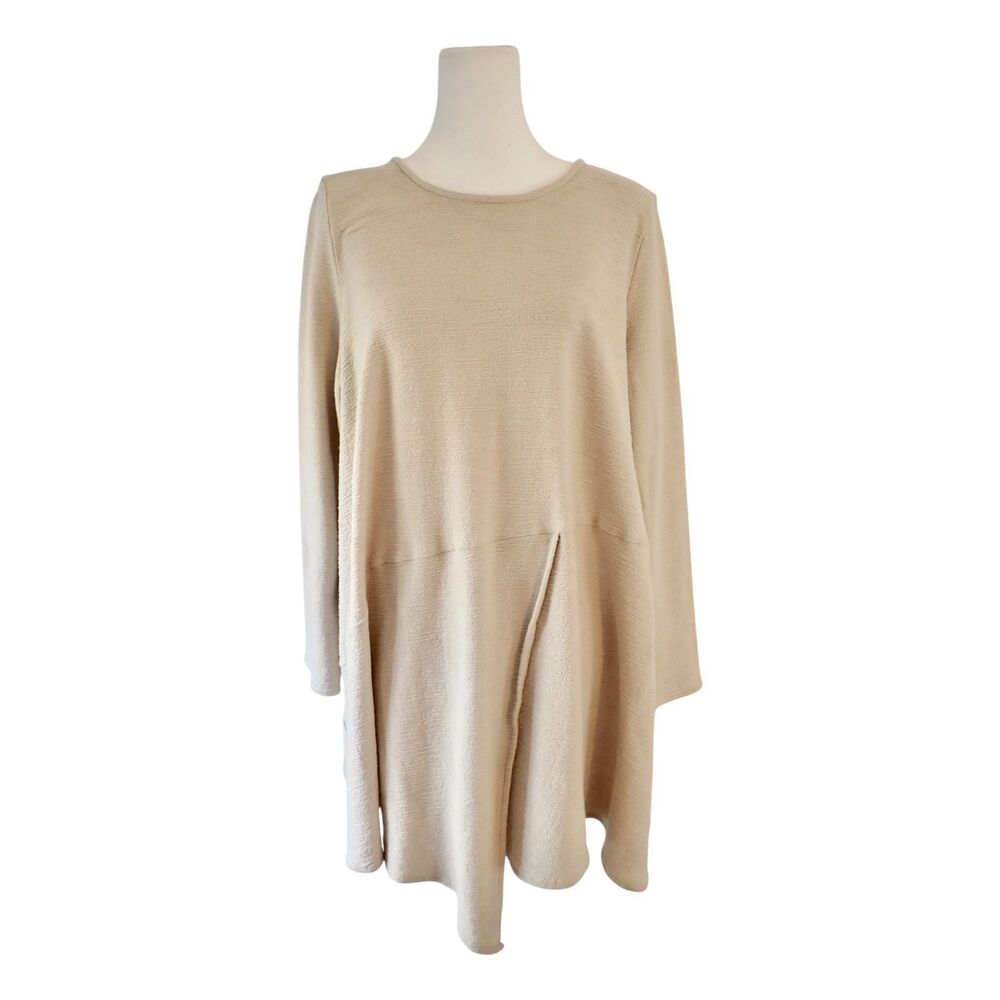 Zen Cheyenne L XL Beige Textured Tunic Long Sleeve Swing Pocket Top Cotton Blend